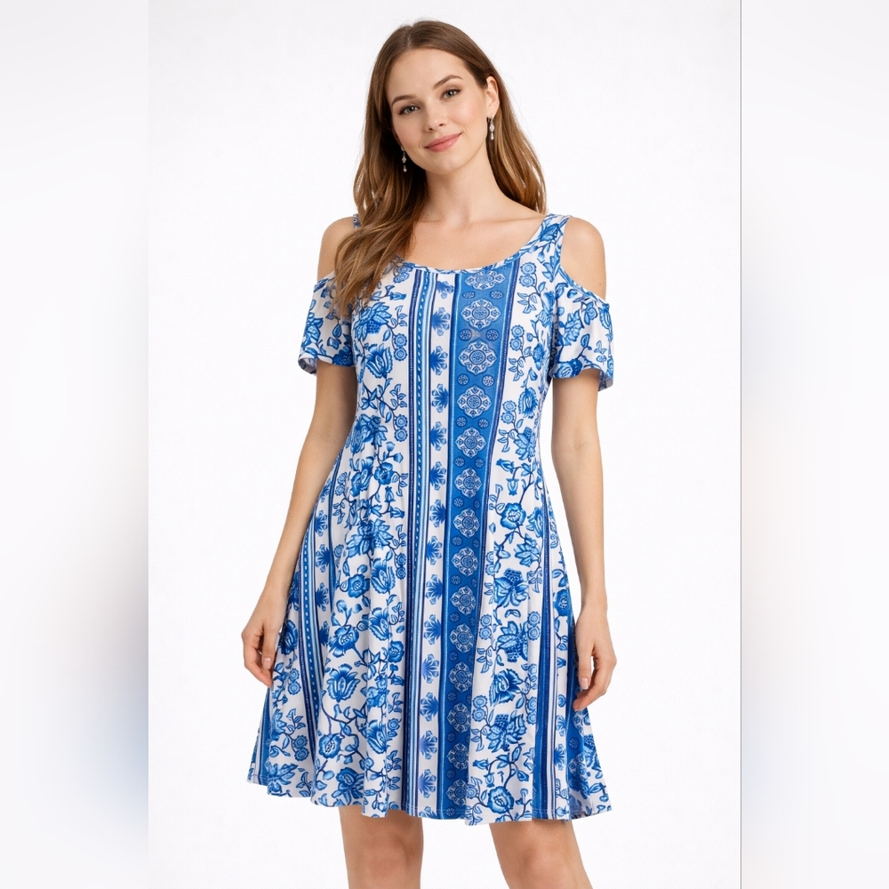 Chic Blue Patterned Cold Shoulder Mini Dress - image 1